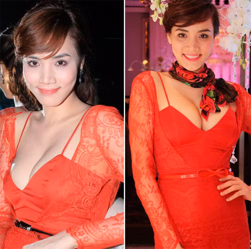 2. Trang Nhung Nổi danh từ sự cố lộ ngực hồi năm 2010, vòng 1 cũng là ưu thế giúp Trang Nhung tạo được sự thu hút tại mỗi sự kiện. Trang phục 'ruột' của Trang Nhung là những bộ váy áo khoét sâu chữ V, để lộ vòng 1 căng tròn. Cộng thêm phong cách diêm dúa, thậm chí là sến sẩm, gu thời trang của 'người đẹp lộ ngực' chưa bao giờ được đánh giá cao mặc dù cô có một gương mặt đẹp và một cơ thể hoàn hảo.