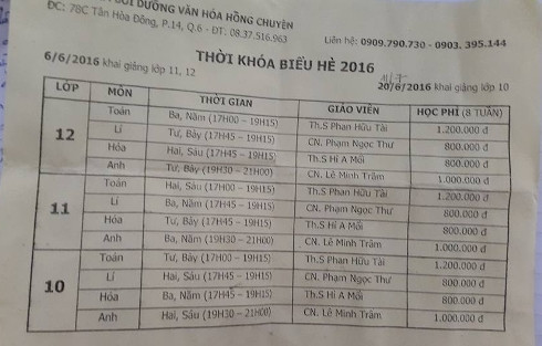Thời khóa biểu hè 2016 của Trung tâm bồi dưỡng văn hóa Hồng Chuyên (Ảnh: P.L) Thời khóa biểu hè 2016 của Trung tâm bồi dưỡng văn hóa Hồng Chuyên (Ảnh: P.L)