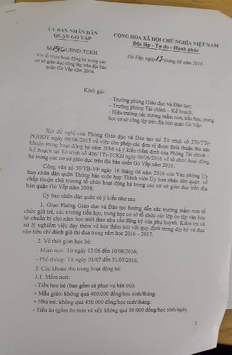 Văn bản số 1516 ngày 17/6/2016 của UBND quận Gò Vấp, TP.Hồ Chí Minh (ảnh: P.L) Văn bản số 1516 ngày 17/6/2016 của UBND quận Gò Vấp, TP.Hồ Chí Minh (ảnh: P.L)