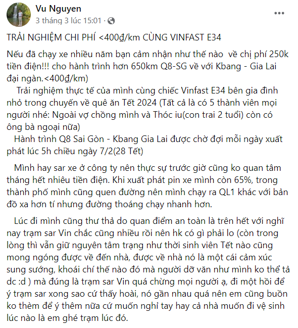 Anh Vũ rất hài lòng về VF e34 sau chuyến đi về Gia Lai ăn tết cùng gia đình (Nguồn: Facebook Vu Nguyen). Anh Vũ rất hài lòng về VF e34 sau chuyến đi về Gia Lai ăn tết cùng gia đình (Nguồn: Facebook Vu Nguyen).