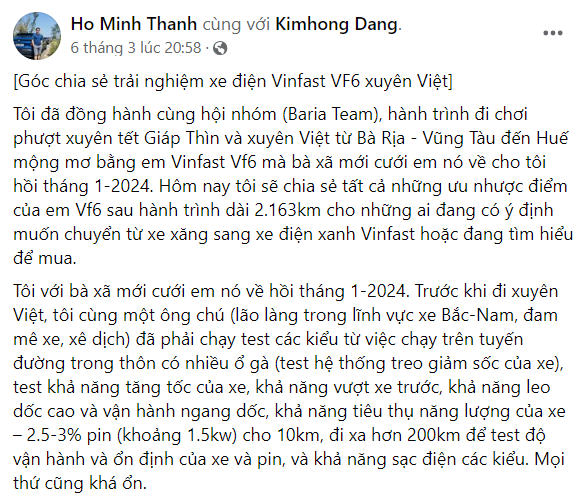 Anh Hồ Minh Thành chia sẻ về chuyến đi phượt xuyên Tết cùng VF 6 (Nguồn: Facebook Ho Minh Thanh). Anh Hồ Minh Thành chia sẻ về chuyến đi phượt xuyên Tết cùng VF 6 (Nguồn: Facebook Ho Minh Thanh).
