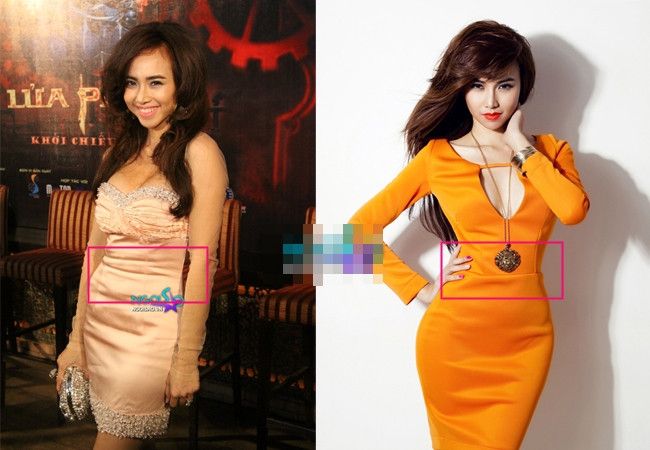 Chiếc váy Đinh Ngọc Diệp mặc càng làm cho vòng hai của cô to thêm. Nhưng trong các shoot hình nghệ thuật, eo của Ngọc Diệp rất nhỏ