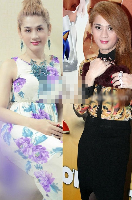 Khi nhìn chính diện, ảnh được photoshop (bên trái) khiến chị có gương mặt thanh mảnh, sống mũi thon gọn, lông mày thanh tú, đặc biệt là không có hai cằm như thực tế