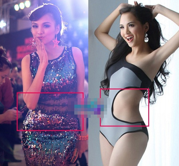 Diễm Hương cũng lộ bụng mỡ và vòng 2 đẫy đà trong váy sequin bó sát, khác hẳn với bức hình thon gọn, săn chắc khi cô mặc bikini.