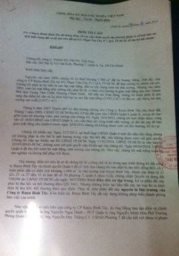 Đơn phản ánh sự việc của ông Thái Kim Lái - Giám đốc Công ty Thái Kim (Ảnh: P.L)