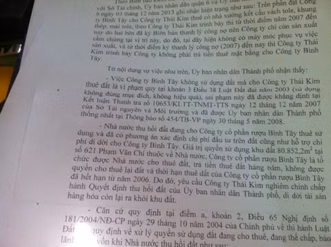 Văn bản số 1039/2014 của UBND TP.HCM khẳng định rượu Bình Tây đem đất đi cho thuê là sai.