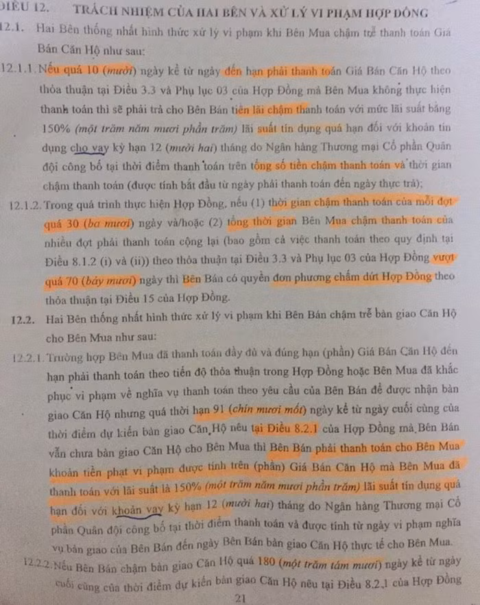 Hợp đồng cư dân mua ký với chủ đầu tư rất rõ bên vi phạm hợp đồng sẽ phải chịu lãi suất tín dụng theo lãi vay. Tuy nhiên, chủ đầu tư lại lật kèo. Ảnh: NVCC.