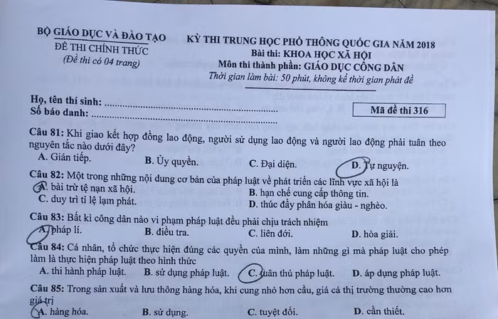 Đề thi môn Giáo dục công dân trong phòng thi số 0059 tại phần họ tên thí sinh và số báo danh để trống là vi phạm nghiêm trọng quy chế thi. Ảnh: Vũ Phương