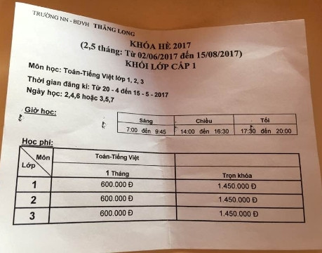 Thời khóa biểu dạy thêm hè từ lớp 1 đến lớp 3 ở cơ sở bồi dưỡng văn hóa Thăng Long (ảnh: P.L)