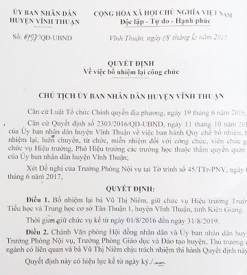 Trích quyết định tái bổ nhiệm đối với cô Vũ Thị Niêm tại Trường Tân Thuận 1 (ảnh: CTV)