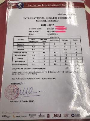 Bảng điểm học kỳ 2 trước khi điều chỉnh của bé N.A, trong đó môn Social Studies chỉ 5,5 (ảnh: B.A) Bảng điểm học kỳ 2 trước khi điều chỉnh của bé N.A, trong đó môn Social Studies chỉ 5,5 (ảnh: B.A)