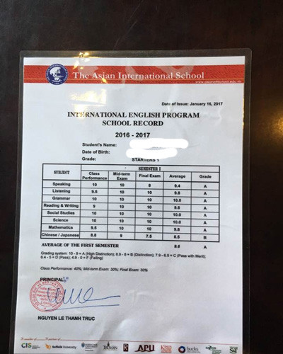 Bảng điểm học kỳ 1 của bé N.A được giáo viên Trường tiểu học Á Châu đánh giá (Ảnh: B.A) Bảng điểm học kỳ 1 của bé N.A được giáo viên Trường tiểu học Á Châu đánh giá (Ảnh: B.A)