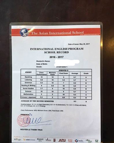 Bảng điểm học kỳ 2 sau khi điều chỉnh của bé N.A, trong đó môn Social Studies đã nâng lên 7,7 (ảnh: B.A) Bảng điểm học kỳ 2 sau khi điều chỉnh của bé N.A, trong đó môn Social Studies đã nâng lên 7,7 (ảnh: B.A)