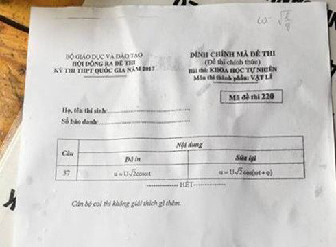 Phần đính chính của đề thi môn Vật lý, mã đề số 220 do thí sinh cung cấp (ảnh: P.L)