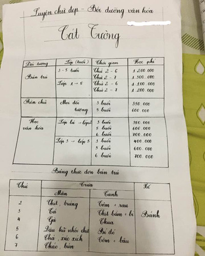 Bảng học phí học thêm tiểu học, bán trú của cơ sở Cát Tường trên đường Nguyễn Thị Đặng (ảnh: P.L)