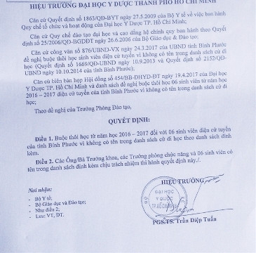 Trích quyết định buộc thôi học các sinh viên gian lận dạng cử tuyển của Trường Y Dược (ảnh: P.L)