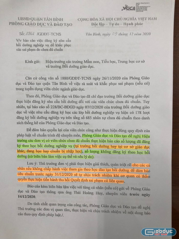 Trích văn bản 1961 của Phòng Giáo dục và Đào tạo quận Tân Bình (ảnh: CTV) Trích văn bản 1961 của Phòng Giáo dục và Đào tạo quận Tân Bình (ảnh: CTV)