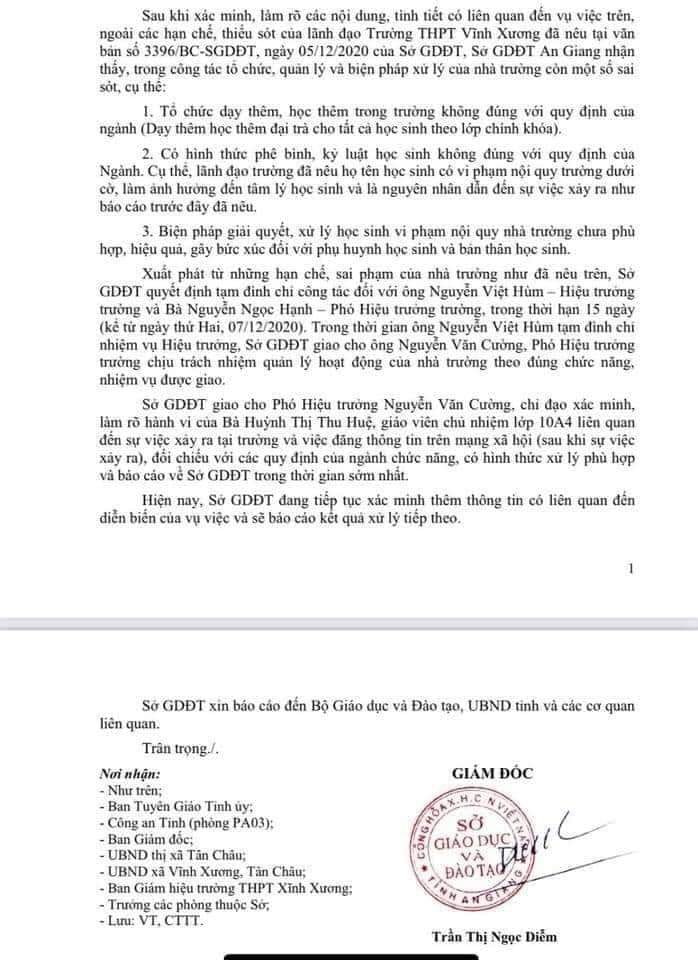 Trích báo cáo vụ việc của Giám đốc Sở Giáo dục tỉnh An Giang ký (ảnh: CTV) Trích báo cáo vụ việc của Giám đốc Sở Giáo dục tỉnh An Giang ký (ảnh: CTV)