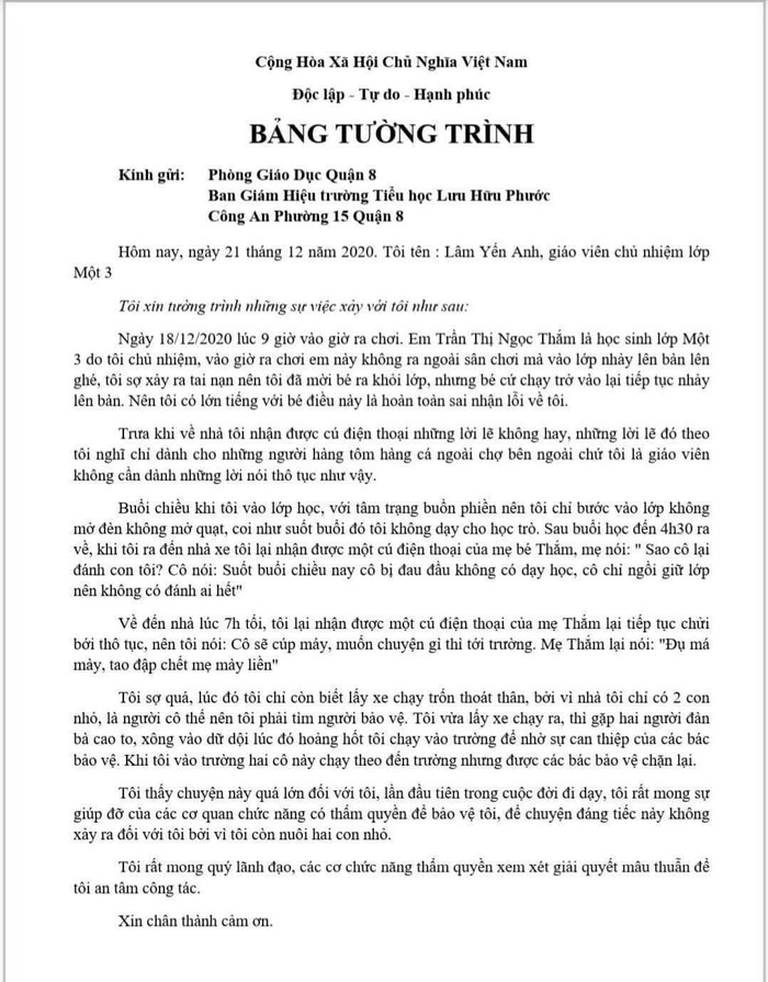 Bản tường trình của cô Lâm Yến Anh (ảnh: P.L)