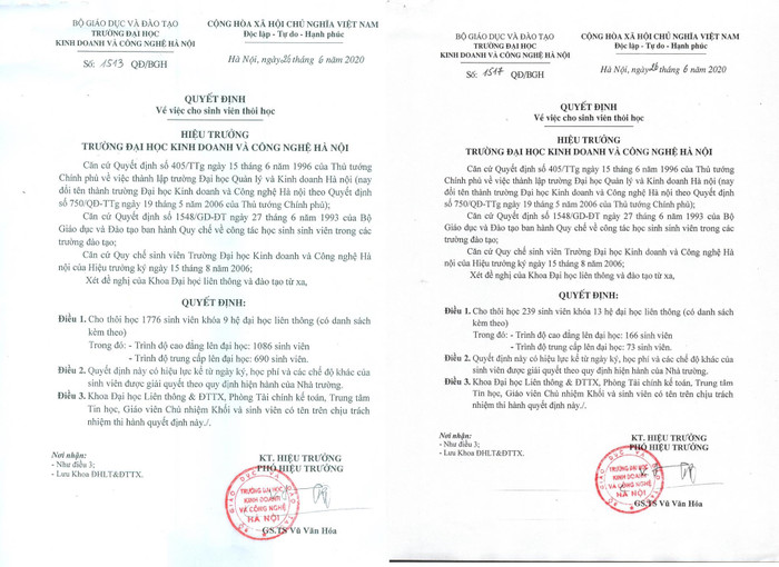 Hai trong 7 quyết định cho sinh viên thôi học của Đại học Kinh doanh và Công nghệ Hà Nội. Ảnh: Chụp văn bản. Hai trong 7 quyết định cho sinh viên thôi học của Đại học Kinh doanh và Công nghệ Hà Nội. Ảnh: Chụp văn bản.