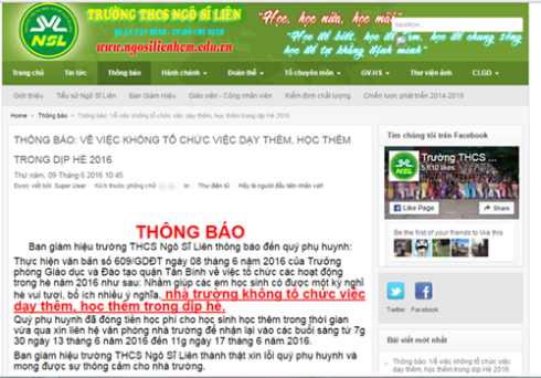 Thông báo trả lại tiền học thêm hè của học sinh được trường Ngô Sĩ Liên công khai (ảnh: website trường) Thông báo trả lại tiền học thêm hè của học sinh được trường Ngô Sĩ Liên công khai (ảnh: website trường)