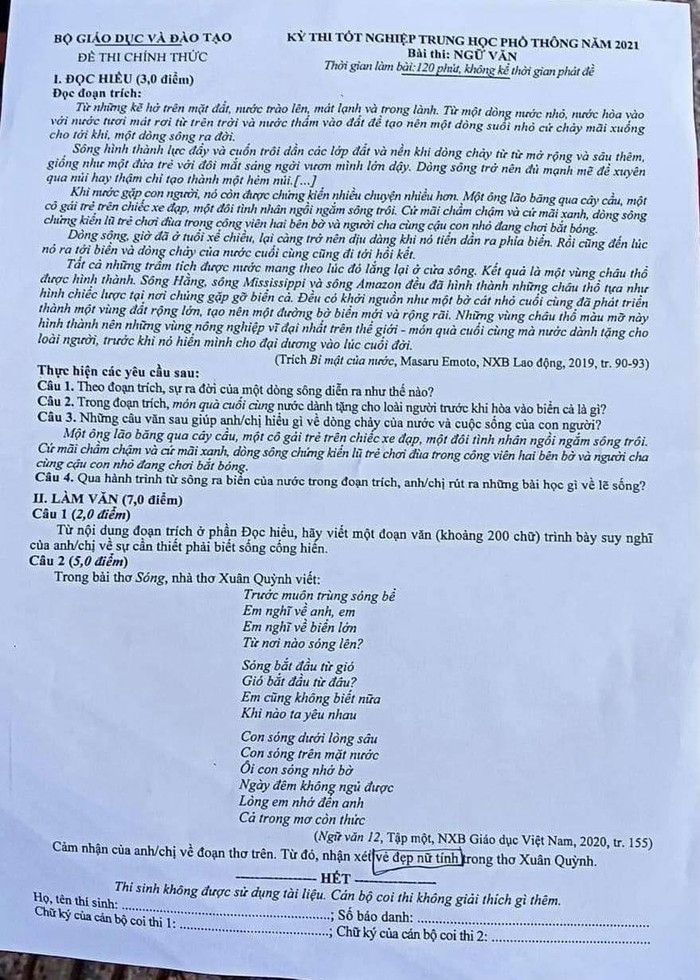 Đề thi tốt nghiệp trung học phổ thông năm 2021 môn Ngữ văn. (Ảnh: Thùy Linh) Đề thi tốt nghiệp trung học phổ thông năm 2021 môn Ngữ văn. (Ảnh: Thùy Linh)