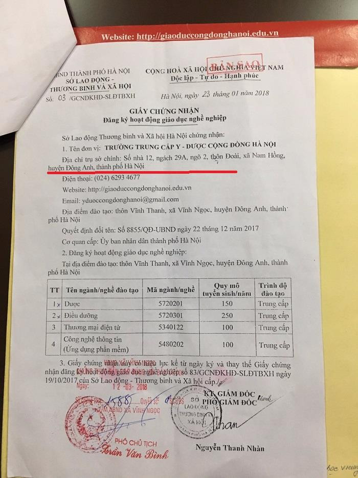 Trong giấy chứng nhận đăng ký hoạt động giáo dục nghề nghiệp của Trường Trung cấp Y - Dược Cộng đồng Hà Nội có ghi trụ sở chính tại thôn Đoài (Đông Anh) Trong giấy chứng nhận đăng ký hoạt động giáo dục nghề nghiệp của Trường Trung cấp Y - Dược Cộng đồng Hà Nội có ghi trụ sở chính tại thôn Đoài (Đông Anh)