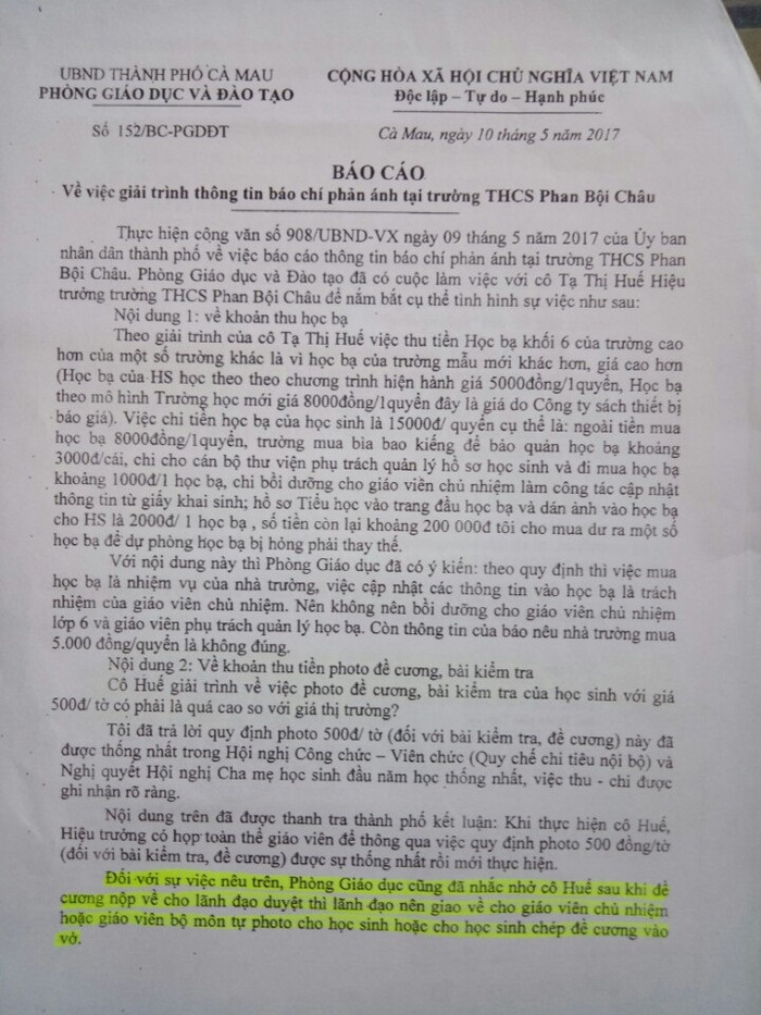 Phòng Giáo dục và Đào tạo Thành phố Cà Mau không cho duy trì, nhân rộng mà lại “nhắc nhở” bà Tạ Thị Huế về việc dùng máy photo nhà trường photo lấy tiền học sinh.