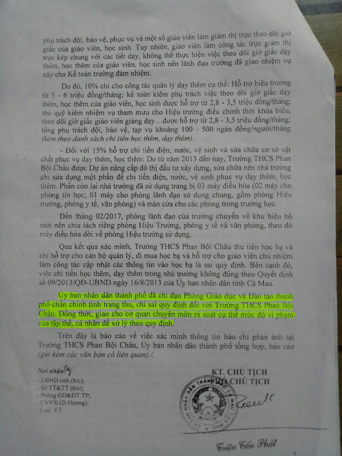 Báo cáo của Uỷ ban Nhân dân Thành phố Cà Mau do Phó Chủ tịch Triệu Tấn Phát ký thể hiện, đơn vị này đã chỉ đạo cơ quan chuyên môn vào cuộc rà soát cụ thể mức độ vi phạm để xử lý theo quy định. Báo cáo của Uỷ ban Nhân dân Thành phố Cà Mau do Phó Chủ tịch Triệu Tấn Phát ký thể hiện, đơn vị này đã chỉ đạo cơ quan chuyên môn vào cuộc rà soát cụ thể mức độ vi phạm để xử lý theo quy định.