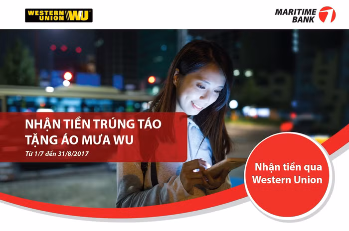 Maritime Bank triển khai chương trình khuyến mãi dành cho khách hàng khi giao dịch nhận tiền thông qua dịch vụ Western Union từ ngày 1/7/2017 – 31/8/2017. Maritime Bank triển khai chương trình khuyến mãi dành cho khách hàng khi giao dịch nhận tiền thông qua dịch vụ Western Union từ ngày 1/7/2017 – 31/8/2017.