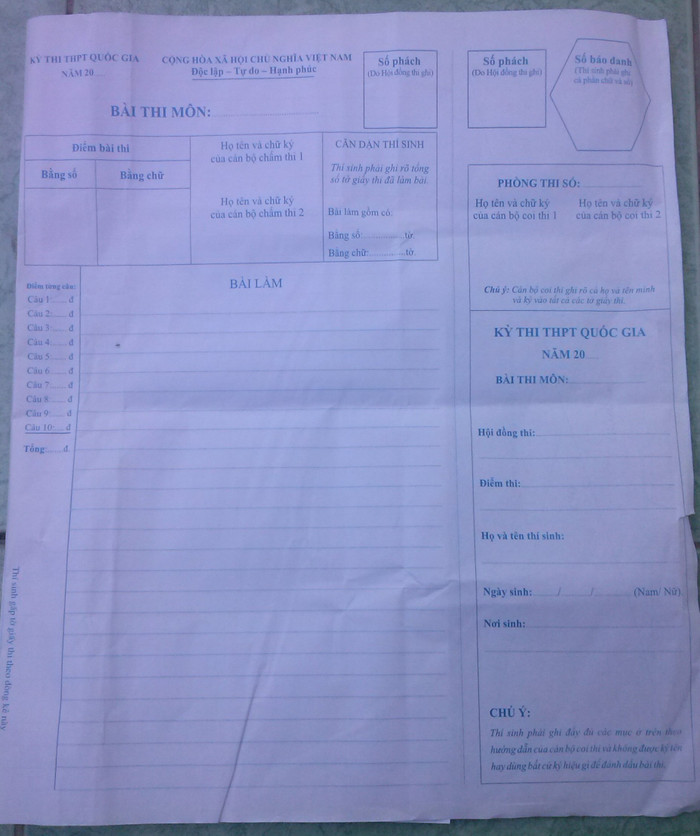 Mẫu giấy thi chưa tiện ích, khoa học. (Ảnh: Tác giả cung cấp)