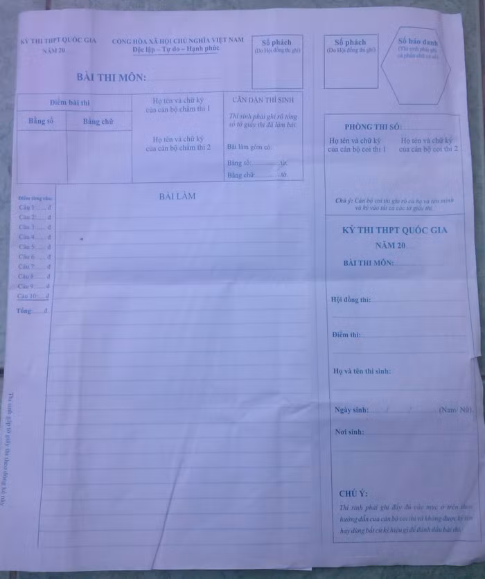 Mẫu giấy thi chưa tiện ích, khoa học. (Ảnh: Tác giả cung cấp)