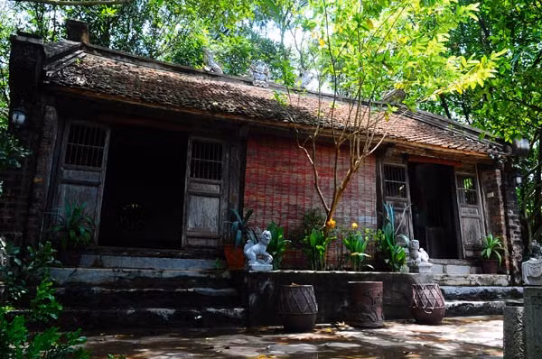 Hình ảnh nhà của nông thôn Việt với mành buông, chum vại nước đặt trước cửa. Xung quanh cây cối mát mẻ um tùm cùng một không gian tĩnh lặng.