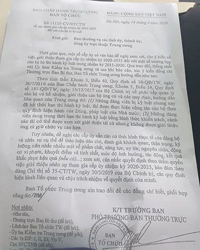 Văn bản 11129 - CV/BTCTW của Ban Tổ chức Trung ương (ảnh: P.L) Văn bản 11129 - CV/BTCTW của Ban Tổ chức Trung ương (ảnh: P.L)