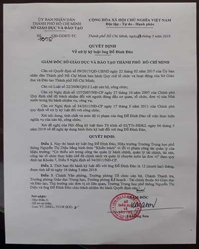 Quyết định kỷ luật về mặt chính quyền của ông Đảo (Ảnh: P.L) Quyết định kỷ luật về mặt chính quyền của ông Đảo (Ảnh: P.L)