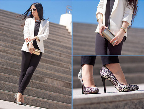 Một đôi giầy họa tiết da báo đen trắng xuyệt tông với trang phục