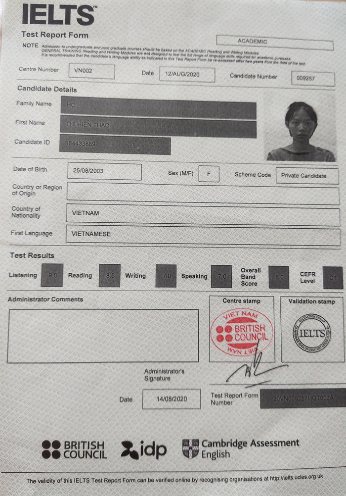 Bảng điểm kết quả IELTS trong lần thi đầu tiên của Hiền Thảo. (Ảnh: Nhân vật cung cấp) Bảng điểm kết quả IELTS trong lần thi đầu tiên của Hiền Thảo. (Ảnh: Nhân vật cung cấp)