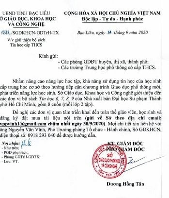 Công văn 1338/SGDKHCN-GDTrH-TX của Sở Giáo dục Khoa học và Công nghệ Bạc Liêu Ảnh: (Nhật Hồ) Công văn 1338/SGDKHCN-GDTrH-TX của Sở Giáo dục Khoa học và Công nghệ Bạc Liêu Ảnh: (Nhật Hồ)