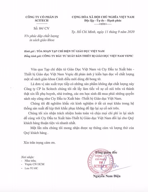 Công văn của Công ty Cổ phần in Scitech gửi đến Tạp chí điện tử Giáo dục Việt Nam ngày 11/9/2020.