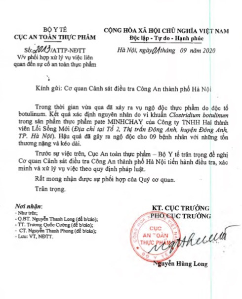 Cục An toàn thực phẩm đã có Công văn số 2013/ATTP-NĐTT ngày 1/9/2020 gửi Cơ quan Cảnh sát điều tra Công an thành phố Hà Nội để tiến hành điều tra, xác minh và xử lý vụ việc theo quy định của pháp luật.