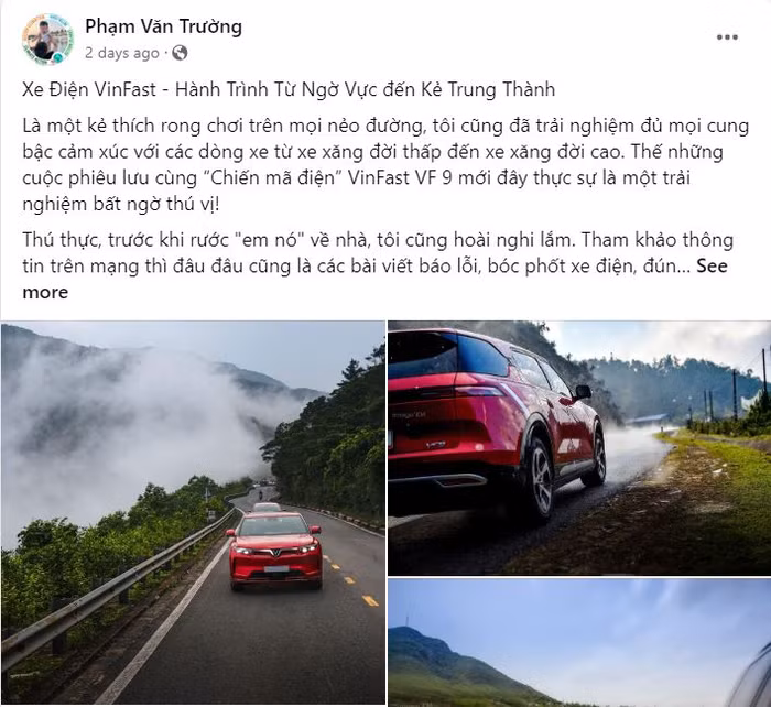 Chia sẻ của anh Phạm Văn Trường về hành trình “từ ngờ vực đến kẻ trung thành” với xe điện VinFast cùng những hình ảnh đẹp trên mọi nẻo đường. (Ảnh: Facebook NV)