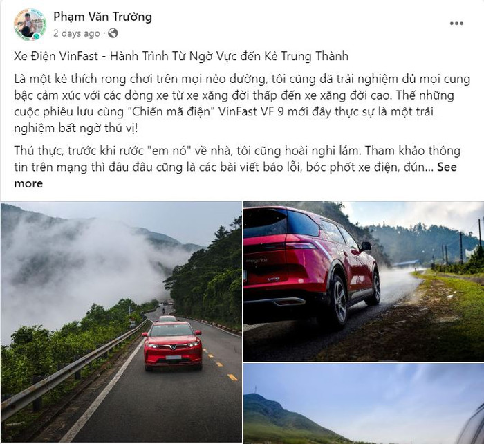 Chia sẻ của anh Phạm Văn Trường về hành trình “từ ngờ vực đến kẻ trung thành” với xe điện VinFast cùng những hình ảnh đẹp trên mọi nẻo đường. (Ảnh: Facebook NV) Chia sẻ của anh Phạm Văn Trường về hành trình “từ ngờ vực đến kẻ trung thành” với xe điện VinFast cùng những hình ảnh đẹp trên mọi nẻo đường. (Ảnh: Facebook NV)