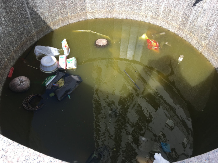 Rác và nước ngập trong đài phun nước. Ảnh: Vũ Phương.