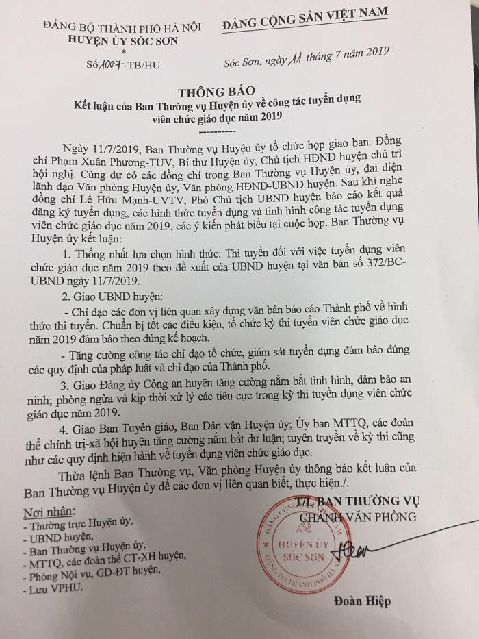 Thông báo mới nhất của Ban thường vụ Huyện ủy Sóc Sơn thống nhất lựa chọn hình thức tuyển dụng viên chức: Thi tuyển (Ảnh:V.N) Thông báo mới nhất của Ban thường vụ Huyện ủy Sóc Sơn thống nhất lựa chọn hình thức tuyển dụng viên chức: Thi tuyển (Ảnh:V.N)