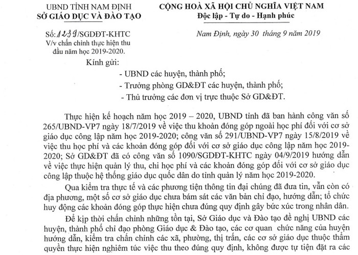 Sở Giáo dục tỉnh Nam Định có công văn chấn chỉnh tình trạng lạm thu (Ảnh:V.N) Sở Giáo dục tỉnh Nam Định có công văn chấn chỉnh tình trạng lạm thu (Ảnh:V.N)