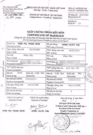 Giấy đăng ký kết hôn có tên Trần Thị Thanh Nhàn và chữ ký, dấu đỏ.