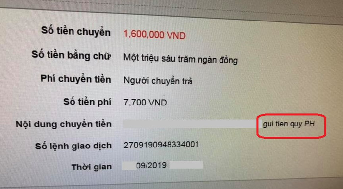 Một phụ huynh lớp 1 Trường Tiểu học Kim Đồng nộp quỹ phụ huynh lớp (nội dung nộp khoanh đỏ) số tiền 1,6 triệu đồng kỳ 1 năm học 2019-2020. Ảnh: NVCC.
