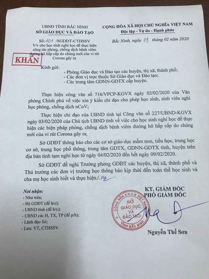 Học sinh tỉnh Bắc Ninh sẽ nghỉ học từ ngày mai đến hết tuần để phòng chống dịch Corona. Ảnh: NVCC.