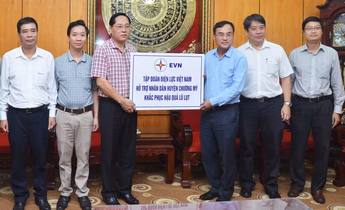Tập đoàn Điện lực Việt Nam đã hỗ trợ nhân dân huyện Chương Mỹ khắc phục hậu quả do lũ lụt vừa qua. Ảnh: EVN
