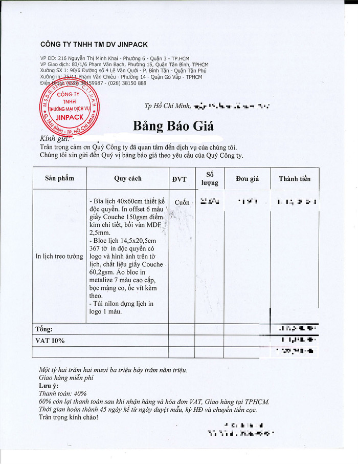 Bảng báo giá công ty in lịch Tết Nguyên đán năm 2018 cho Agribank gửi cho một chi nhánh thuộc hệ thống Agribank. Ảnh: Vũ Phương.